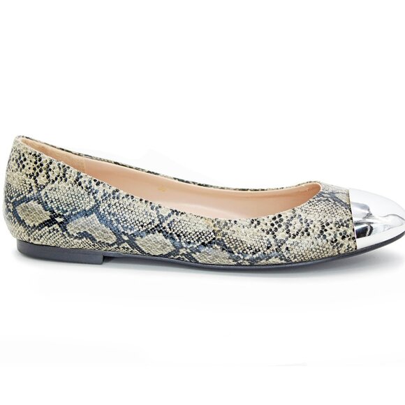 Piche’ Reptile Embossed Leather And Metallic Silver Cap Toe Ballet Flats - Picture 2 of 7